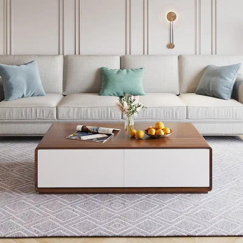 Modern Rectangular Coffee Table, Wood Coffee Table with Storage, 4 Solid Wood Drawers, Fully-Assembled, 51