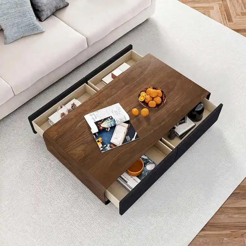 Modern Rectangular Coffee Table, Wood Coffee Table with Storage, 4 Solid Wood Drawers, Fully-Assembled, 51