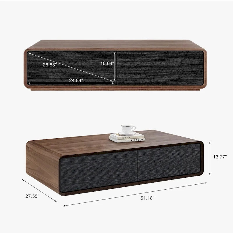 Modern Rectangular Coffee Table, Wood Coffee Table with Storage, 4 Solid Wood Drawers, Fully-Assembled, 51