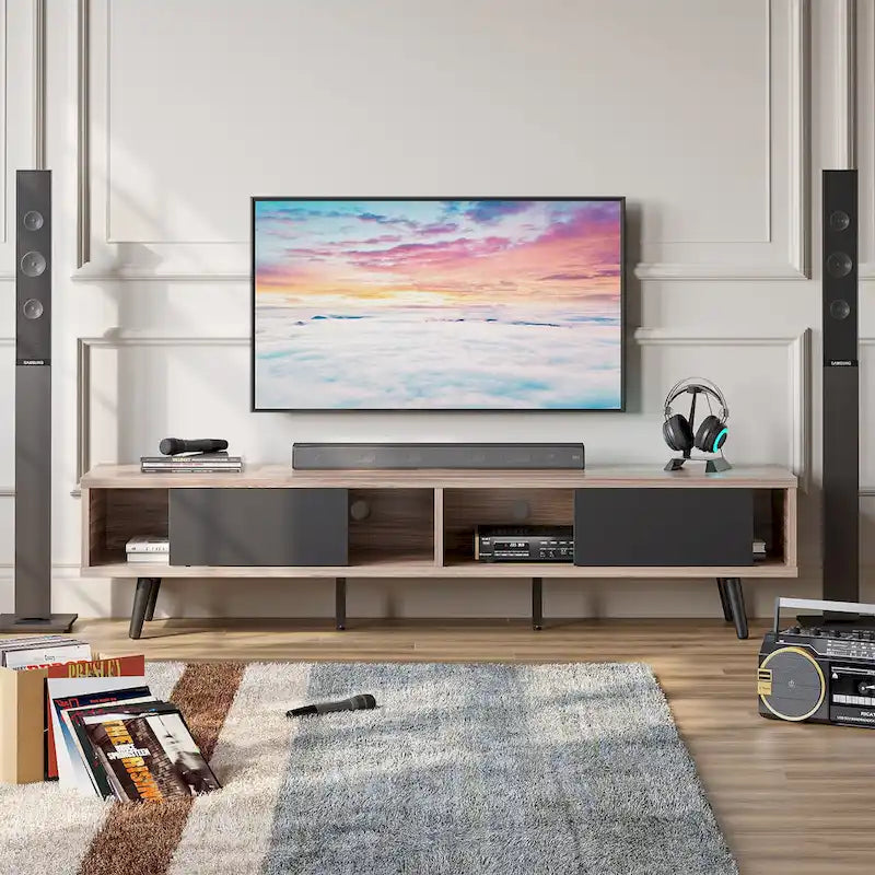 TV Stand for up to 75  TVs with Solid Wood Entertainment Center TV Console Mid-century - 70 inches