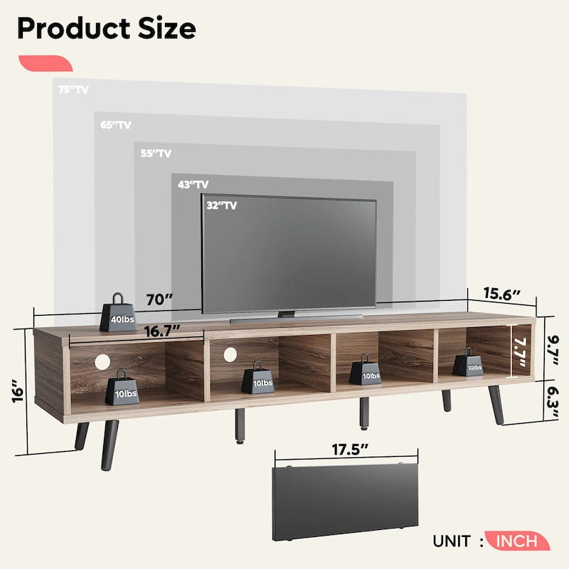 TV Stand for up to 75  TVs with Solid Wood Entertainment Center TV Console Mid-century - 70 inches