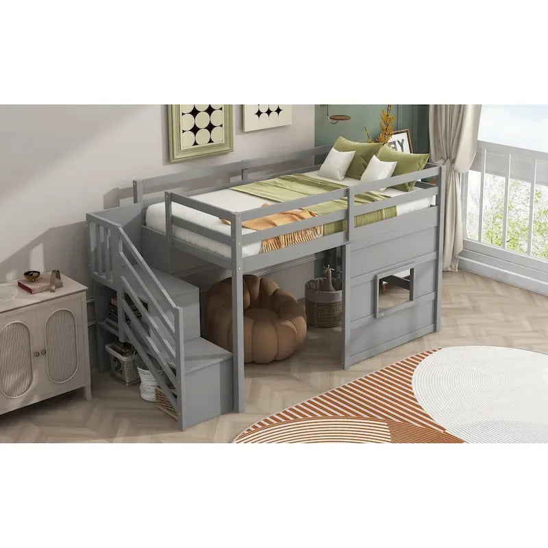 Twin Size Loft Bed with Storage Staircase and Window, Gray