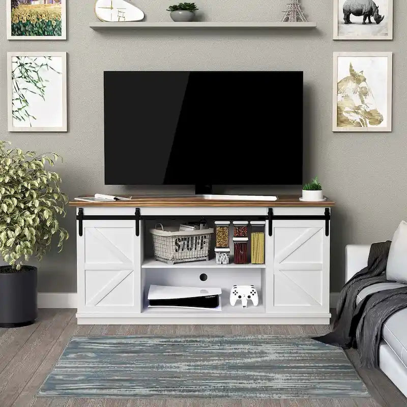 TV Stand 2 -shelf for TVs 43  up to 65 . Simple living and Modern Mid-century, farmhouse barn door -easy to store something