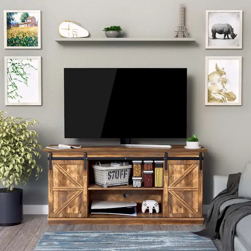TV Stand 2 -shelf for TVs 43  up to 65 . Simple living and Modern Mid-century, farmhouse barn door -easy to store something
