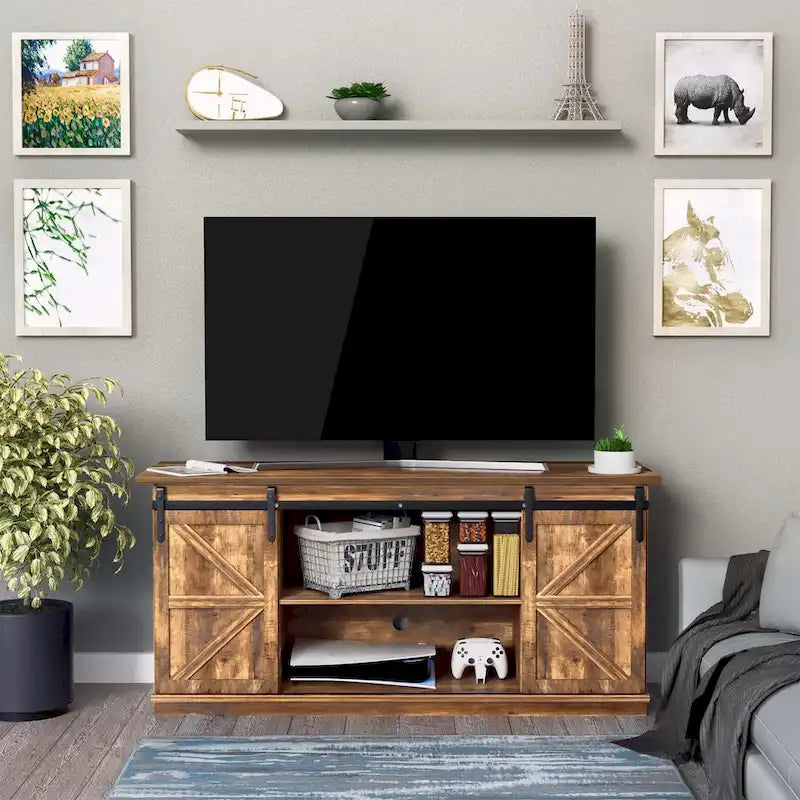 TV Stand 2 -shelf for TVs 43  up to 65 . Simple living and Modern Mid-century, farmhouse barn door -easy to store something