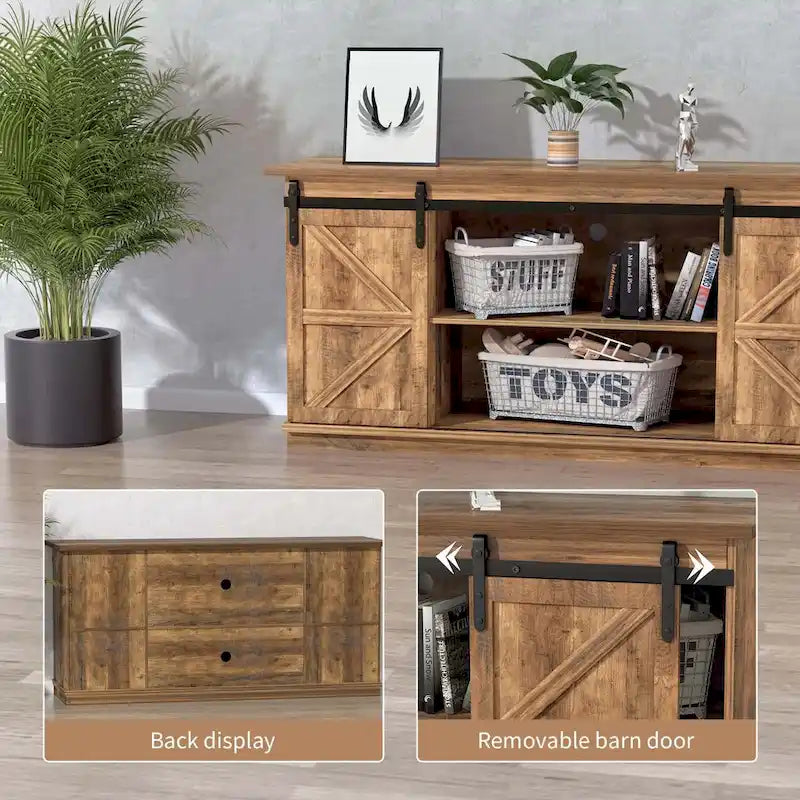 TV Stand 2 -shelf for TVs 43  up to 65 . Simple living and Modern Mid-century, farmhouse barn door -easy to store something