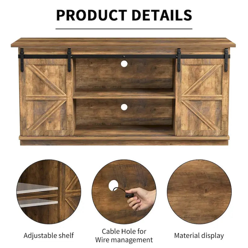 TV Stand 2 -shelf for TVs 43  up to 65 . Simple living and Modern Mid-century, farmhouse barn door -easy to store something