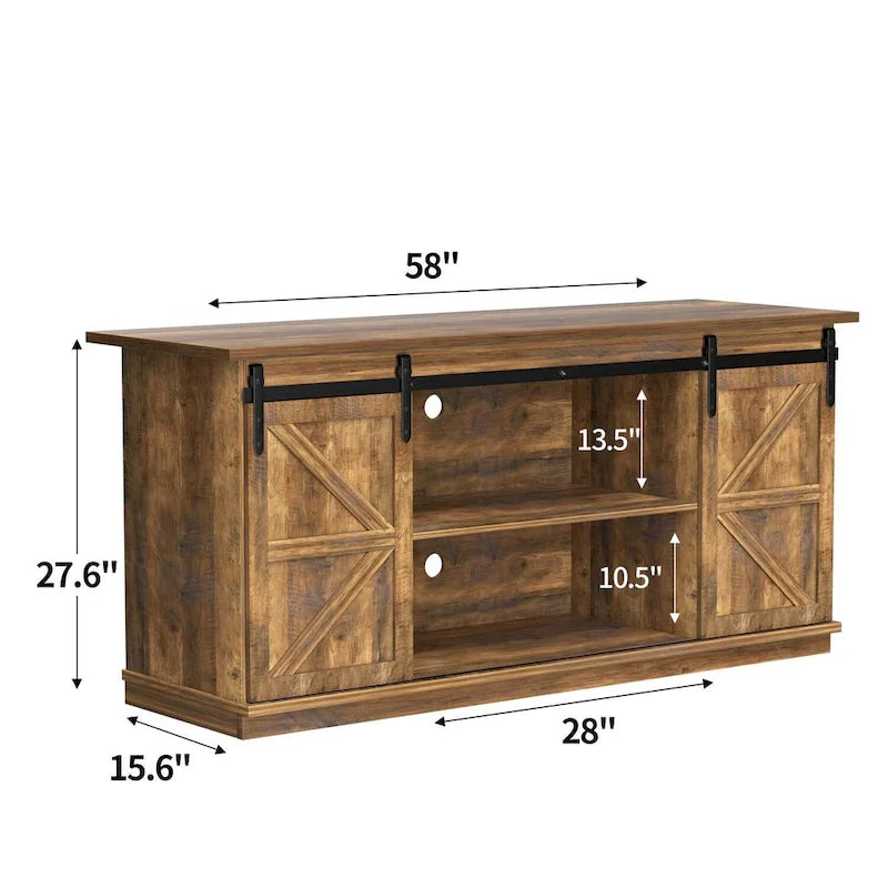 TV Stand 2 -shelf for TVs 43  up to 65 . Simple living and Modern Mid-century, farmhouse barn door -easy to store something