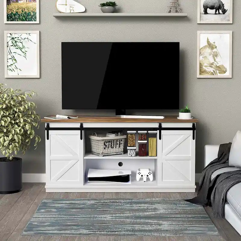 TV Stand 2 -shelf for TVs 43  up to 65 . Simple living and Modern Mid-century, farmhouse barn door -easy to store something