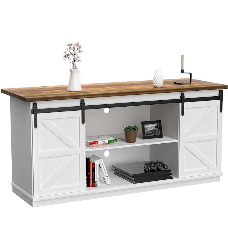 TV Stand 2 -shelf for TVs 43  up to 65 . Simple living and Modern Mid-century, farmhouse barn door -easy to store something