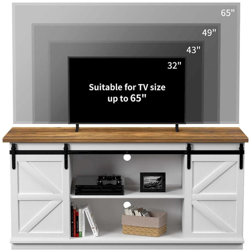 TV Stand 2 -shelf for TVs 43  up to 65 . Simple living and Modern Mid-century, farmhouse barn door -easy to store something