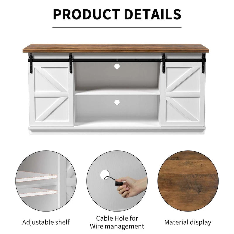 TV Stand 2 -shelf for TVs 43  up to 65 . Simple living and Modern Mid-century, farmhouse barn door -easy to store something