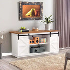 TV Stand 2 -shelf for TVs 43  up to 65 . Simple living and Modern Mid-century, farmhouse barn door -easy to store something