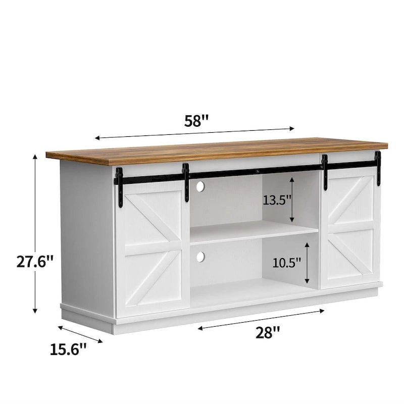 TV Stand 2 -shelf for TVs 43  up to 65 . Simple living and Modern Mid-century, farmhouse barn door -easy to store something