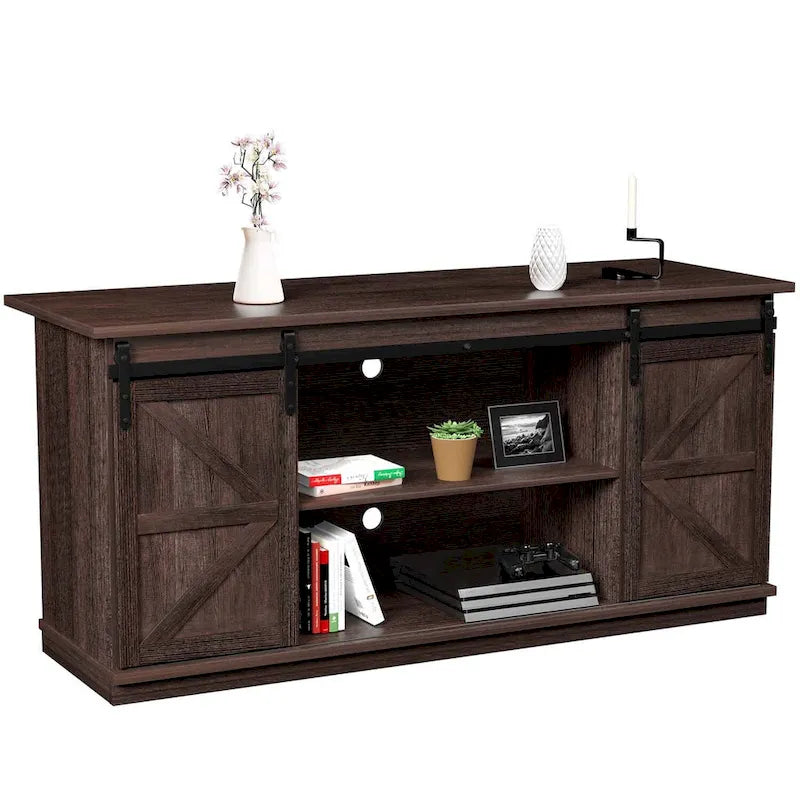 TV Stand 2 -shelf for TVs 43  up to 65 . Simple living and Modern Mid-century, farmhouse barn door -easy to store something