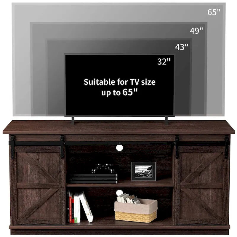TV Stand 2 -shelf for TVs 43  up to 65 . Simple living and Modern Mid-century, farmhouse barn door -easy to store something