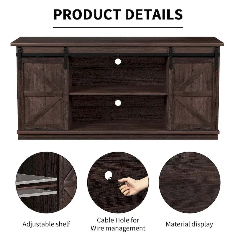TV Stand 2 -shelf for TVs 43  up to 65 . Simple living and Modern Mid-century, farmhouse barn door -easy to store something
