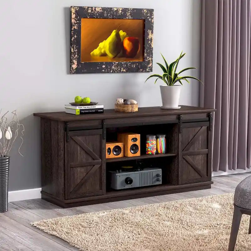 TV Stand 2 -shelf for TVs 43  up to 65 . Simple living and Modern Mid-century, farmhouse barn door -easy to store something