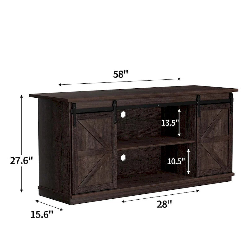 TV Stand 2 -shelf for TVs 43  up to 65 . Simple living and Modern Mid-century, farmhouse barn door -easy to store something