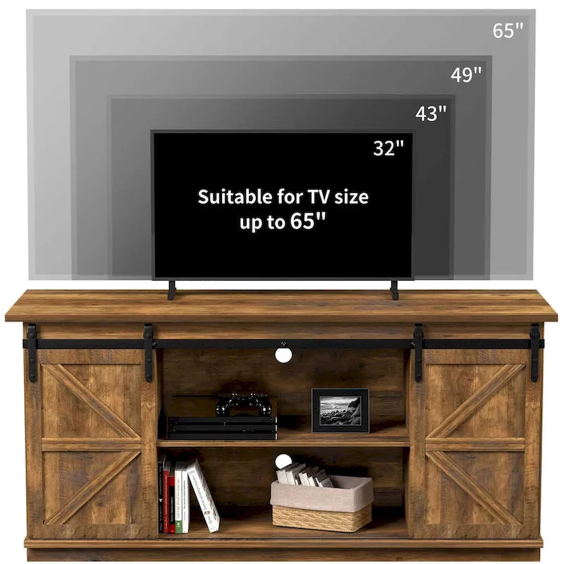 TV Stand 2 -shelf for TVs 43  up to 65 . Simple living and Modern Mid-century, farmhouse barn door -easy to store something