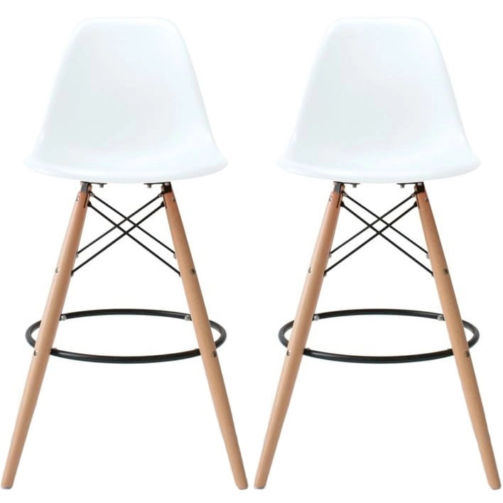 Set of 2 Modern 28  Color Seat Height DSW Molded Armless Plastic Counter Bar Stool Natural Wood Eiffel Dowel Legs Kitchen