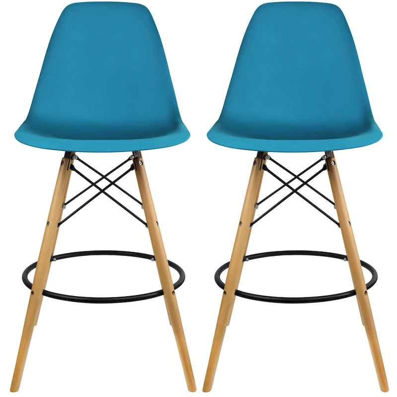 Set of 2 Modern 28  Color Seat Height DSW Molded Armless Plastic Counter Bar Stool Natural Wood Eiffel Dowel Legs Kitchen