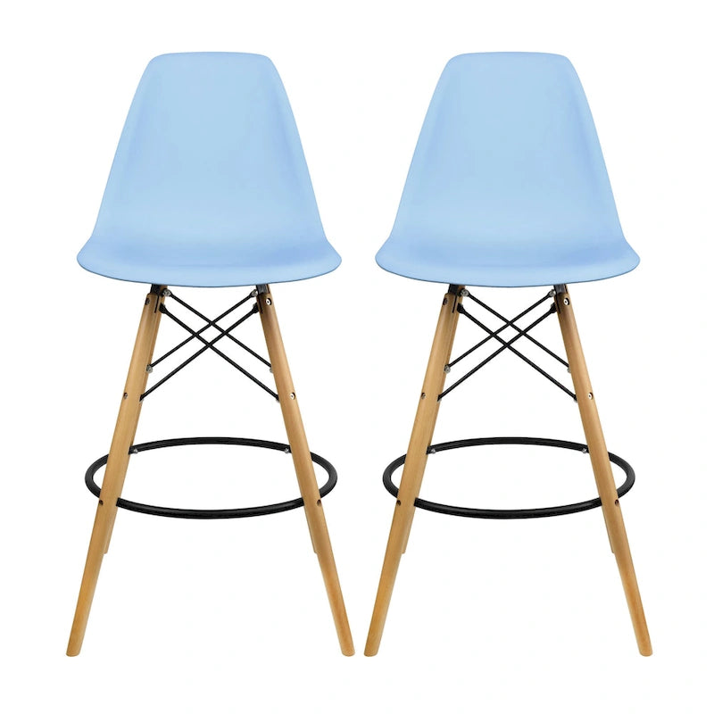 Set of 2 Modern 28  Color Seat Height DSW Molded Armless Plastic Counter Bar Stool Natural Wood Eiffel Dowel Legs Kitchen