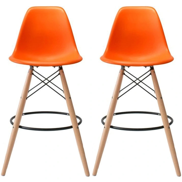Set of 2 Modern 28  Color Seat Height DSW Molded Armless Plastic Counter Bar Stool Natural Wood Eiffel Dowel Legs Kitchen