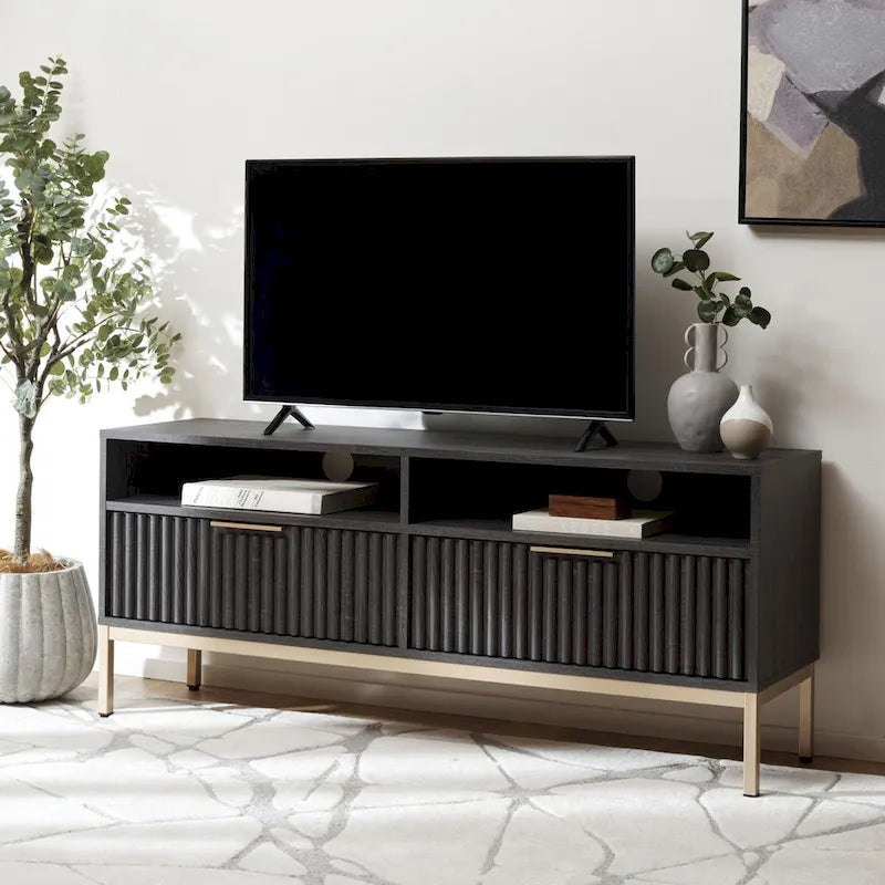 SAFAVIEH Alyse 2-Drawer 2-Shelf Entertainment Media Stand (Fits Up To 65  Flatscreen TV) - 60.4 In. x 15.6 In. x 24.8 In.