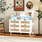 White Rattan Drawer Storage Cabinet with LED Lights and Power Outlet, Great for Bedroom and Living Room, 43.31  Size