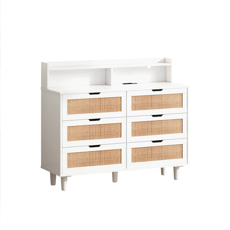 White Rattan Drawer Storage Cabinet with LED Lights and Power Outlet, Great for Bedroom and Living Room, 43.31  Size