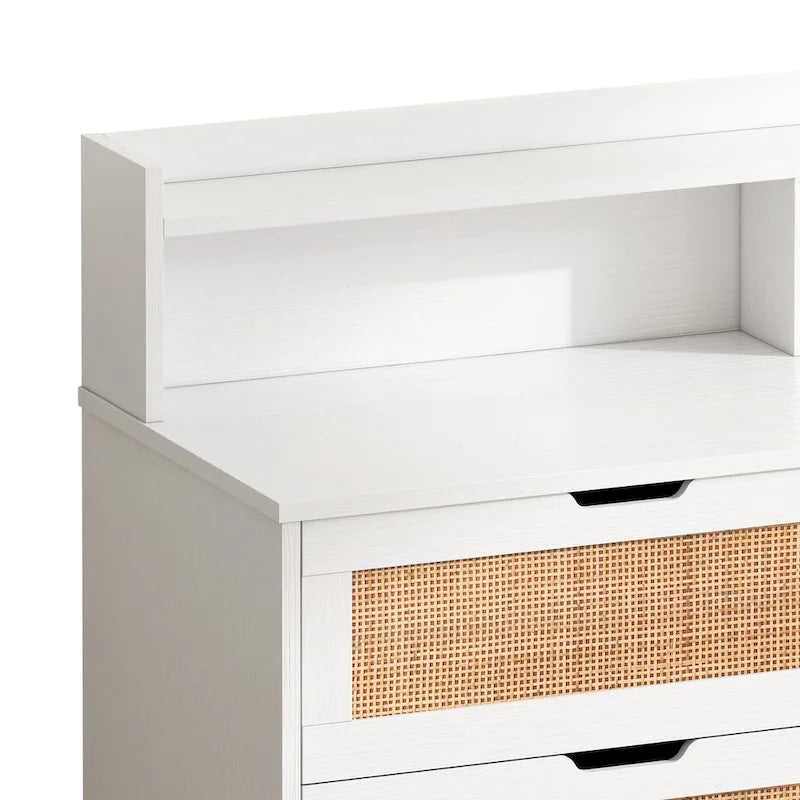White Rattan Drawer Storage Cabinet with LED Lights and Power Outlet, Great for Bedroom and Living Room, 43.31  Size