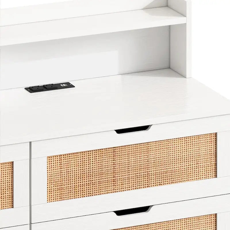 White Rattan Drawer Storage Cabinet with LED Lights and Power Outlet, Great for Bedroom and Living Room, 43.31  Size