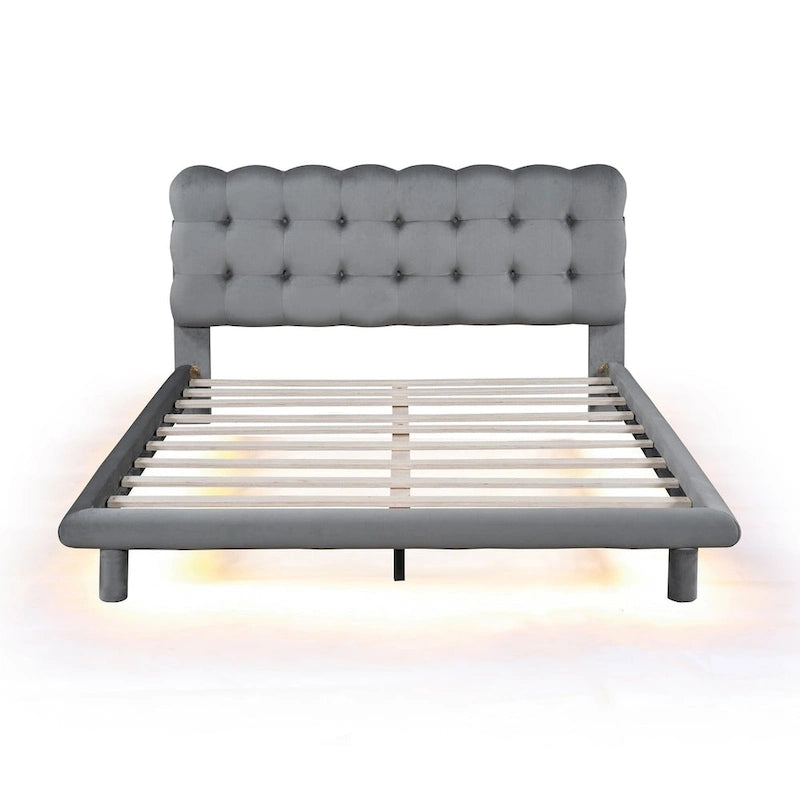 Queen Size Velvet Platform Bed with LED Frame, Thick & Soft Fabric and Button-tufted Design Headboard