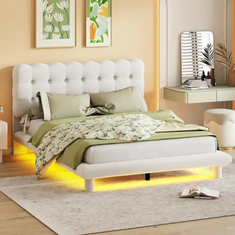 Queen Size Velvet Platform Bed with LED Frame, Thick & Soft Fabric and Button-tufted Design Headboard
