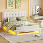 Queen Size Velvet Platform Bed with LED Frame, Thick & Soft Fabric and Button-tufted Design Headboard