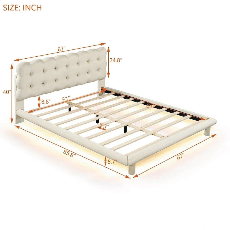 Queen Size Velvet Platform Bed with LED Frame, Thick & Soft Fabric and Button-tufted Design Headboard