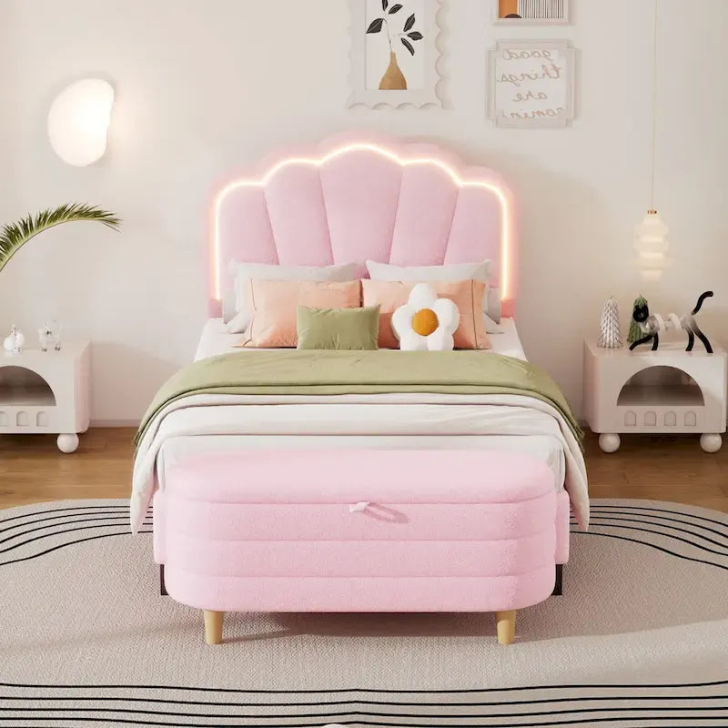 2-Pieces Bedroom Sets Full/Twin Size Flower-Shaped Upholstered LED Platform Bed with Storage Ottoman-Sherpa Fabric