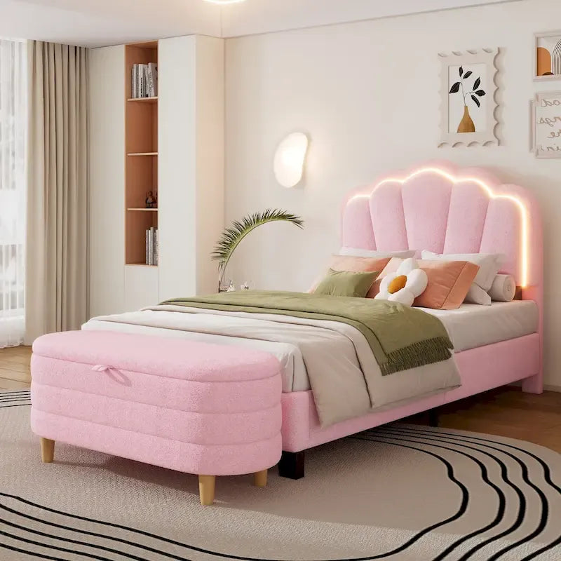 2-Pieces Bedroom Sets Full/Twin Size Flower-Shaped Upholstered LED Platform Bed with Storage Ottoman-Sherpa Fabric