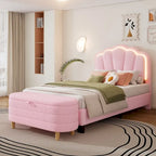 2-Pieces Bedroom Sets Full/Twin Size Flower-Shaped Upholstered LED Platform Bed with Storage Ottoman-Sherpa Fabric