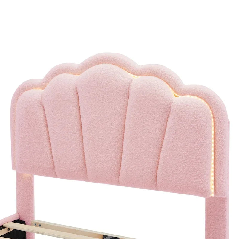 2-Pieces Bedroom Sets Full/Twin Size Flower-Shaped Upholstered LED Platform Bed with Storage Ottoman-Sherpa Fabric