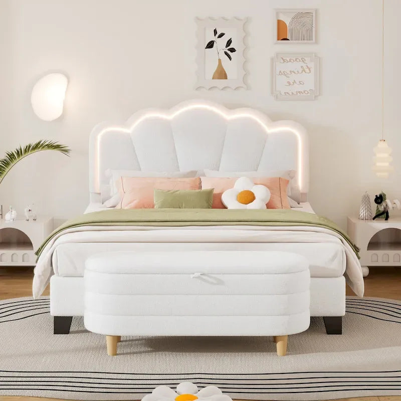 2-Pieces Bedroom Sets Full/Twin Size Flower-Shaped Upholstered LED Platform Bed with Storage Ottoman-Sherpa Fabric