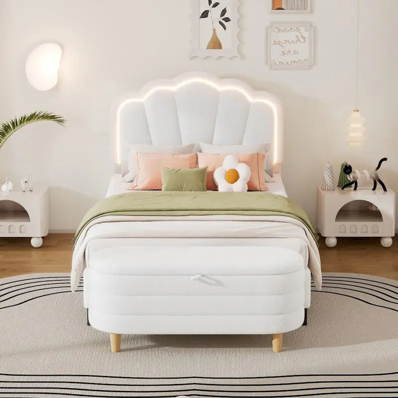2-Pieces Bedroom Sets Full/Twin Size Flower-Shaped Upholstered LED Platform Bed with Storage Ottoman-Sherpa Fabric