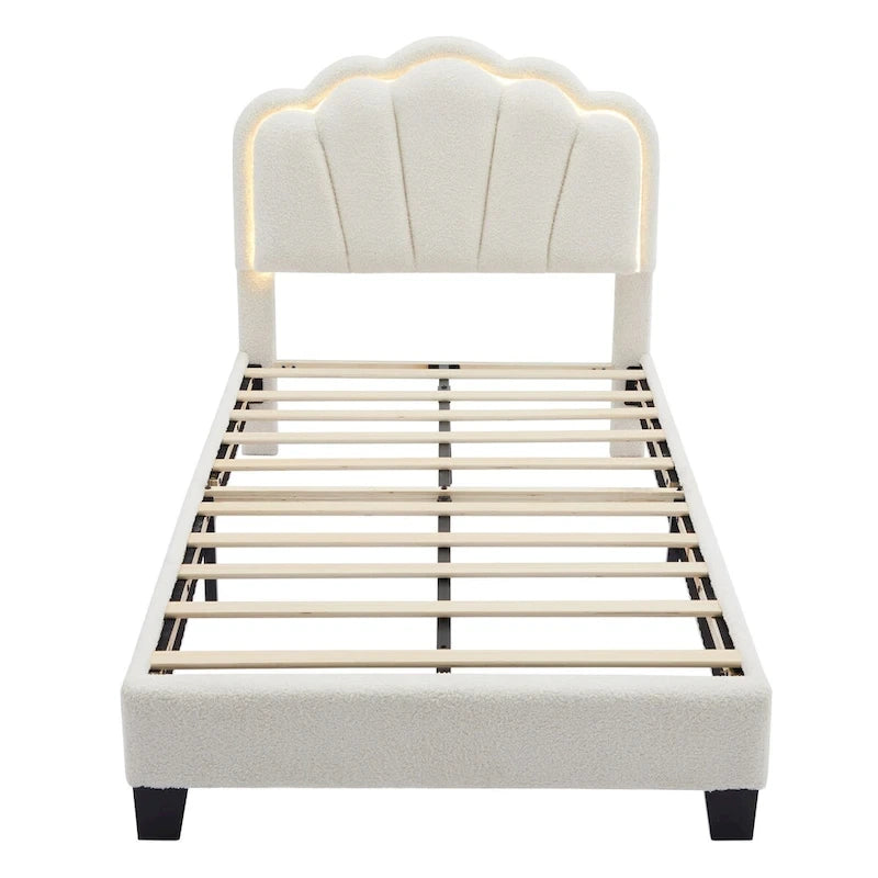 2-Pieces Bedroom Sets Full/Twin Size Flower-Shaped Upholstered LED Platform Bed with Storage Ottoman-Sherpa Fabric