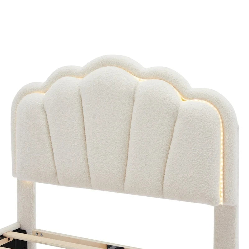 2-Pieces Bedroom Sets Full/Twin Size Flower-Shaped Upholstered LED Platform Bed with Storage Ottoman-Sherpa Fabric