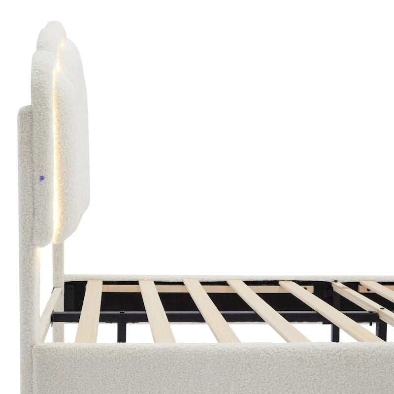 2-Pieces Bedroom Sets Full/Twin Size Flower-Shaped Upholstered LED Platform Bed with Storage Ottoman-Sherpa Fabric