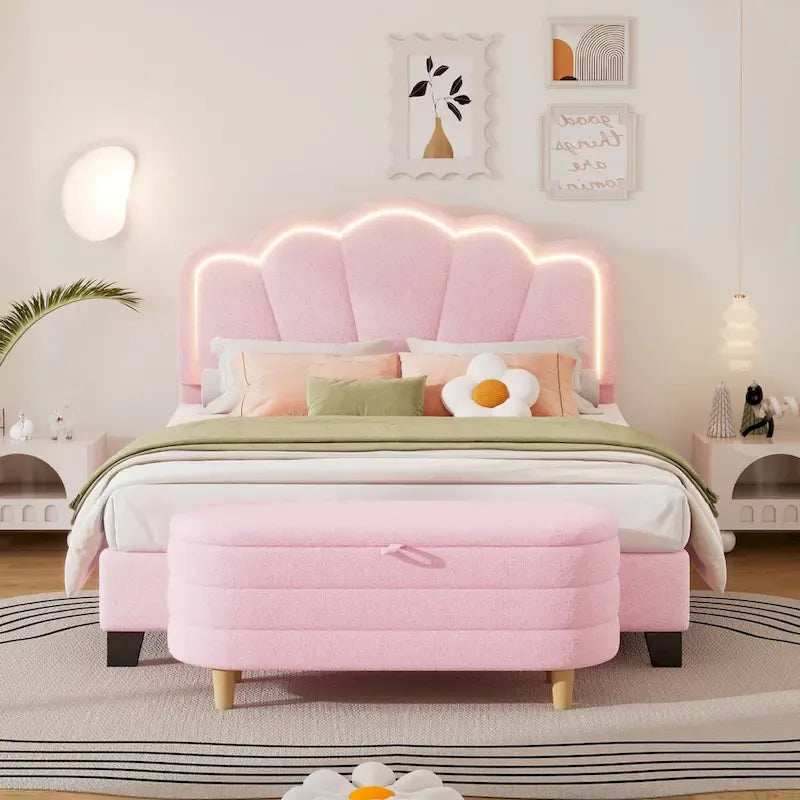 2-Pieces Bedroom Sets Full/Twin Size Flower-Shaped Upholstered LED Platform Bed with Storage Ottoman-Sherpa Fabric