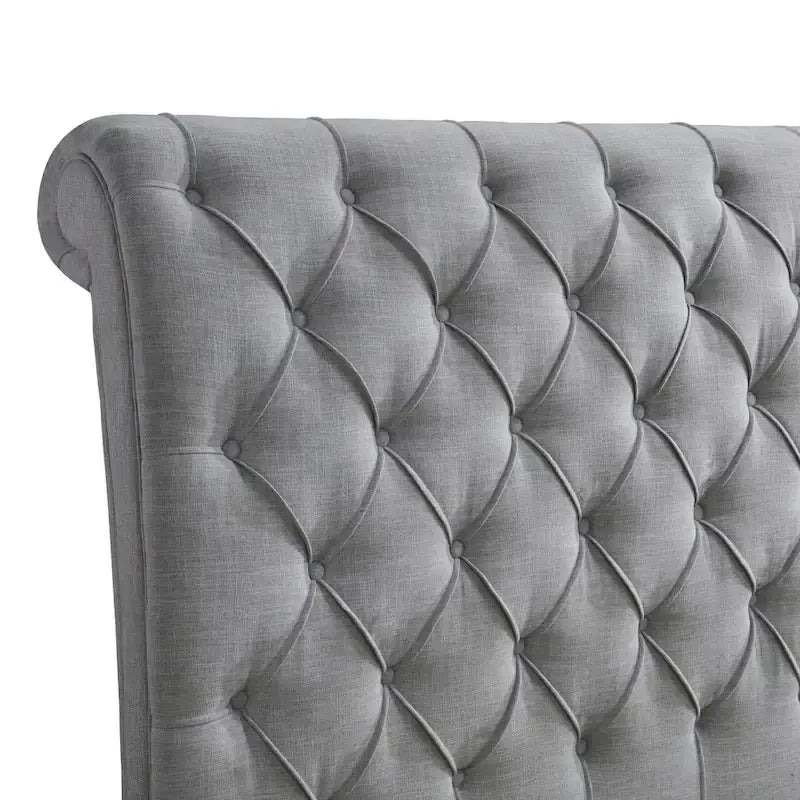 Magnolia Queen Size Bed, Tufted Upholstered Rolled Top Headboard, Gray
