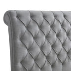 Magnolia Queen Size Bed, Tufted Upholstered Rolled Top Headboard, Gray
