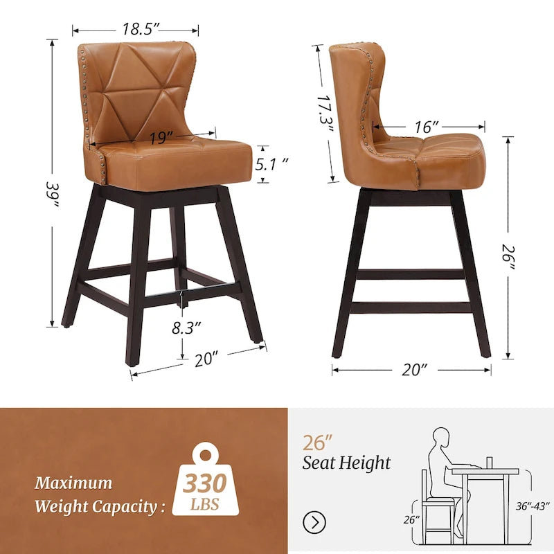 LUE BONA 26 in. Mid-Century Modern Swivel Bar Stools Faux Leather and Linen Counter Stools with Wood FrameSet of 3